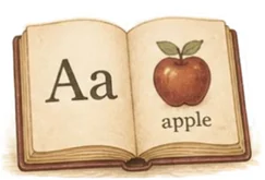 Open book showing Aa and an apple