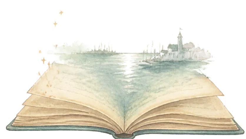 Open book with a harbor and lighthouse rising from its pages