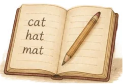 Notebook with cat, hat, mat and a pencil