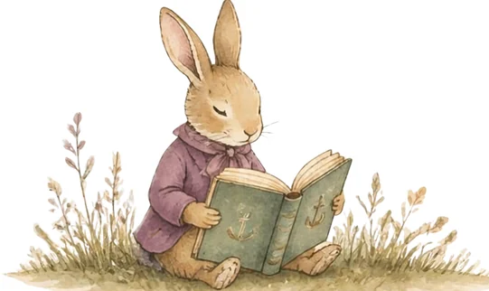 Watercolor rabbit in a plum jacket reading a book in the grass