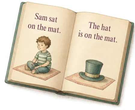 Decodable book open to Sam sat on the mat